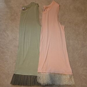 LOGO Elegant Sleeveless Tank Tops With Lace Bottom-Set Of 2-Green and Pink